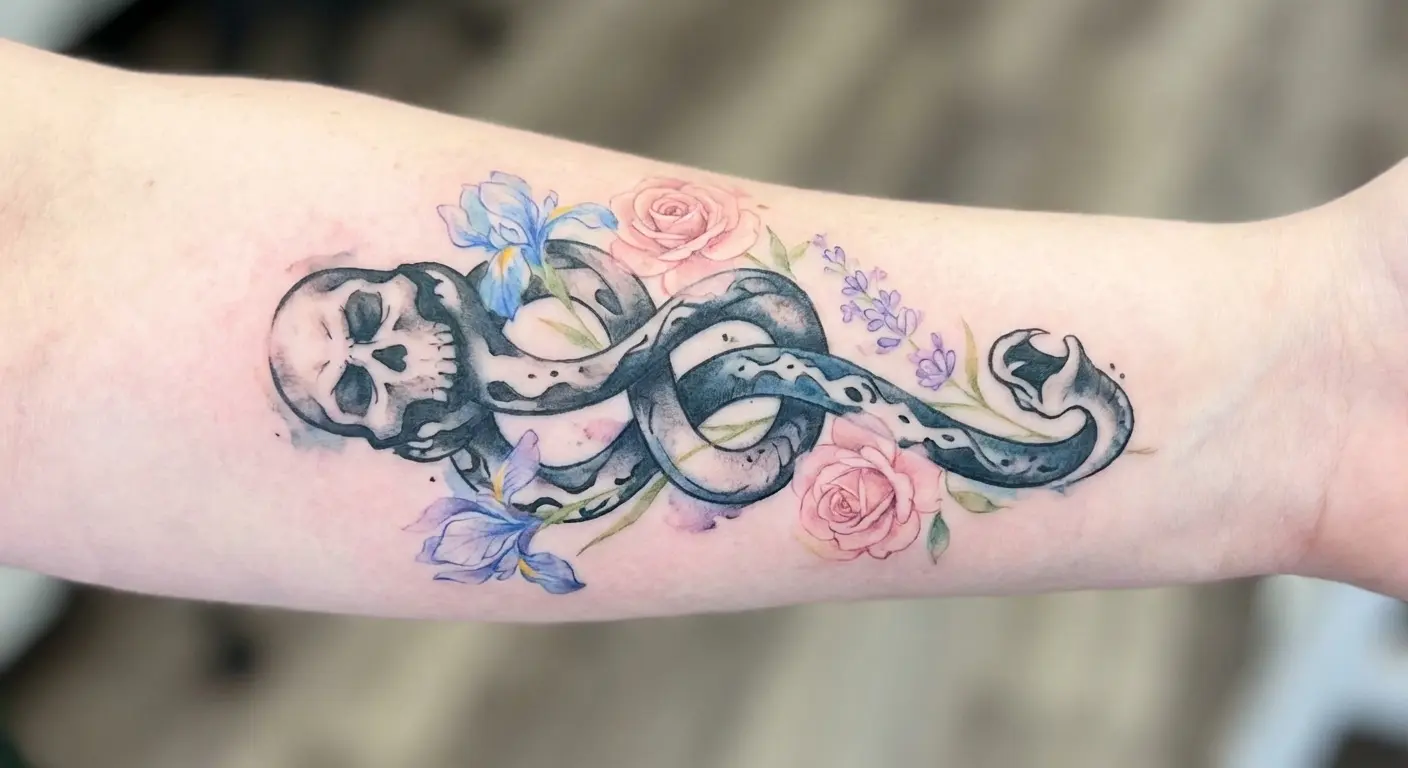 Dark Mark with birth flowers tattoo