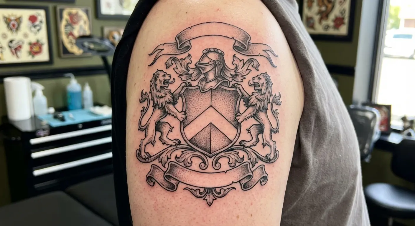 Last name tattoo with family crest