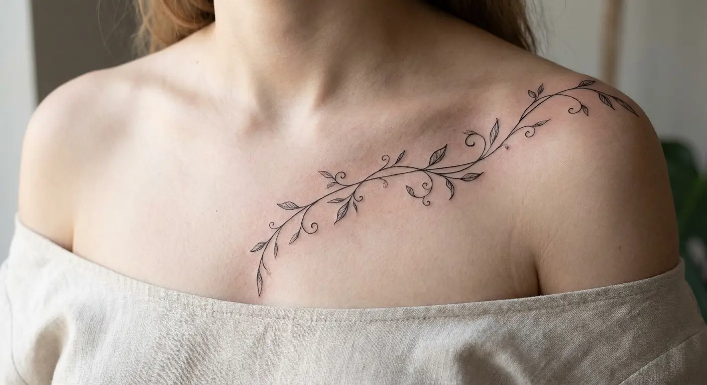 Collarbone vine tattoo on woman