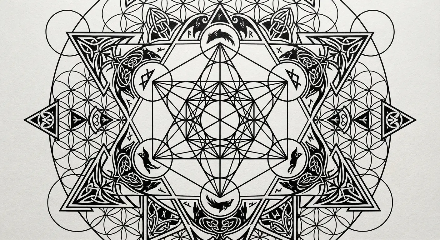 Geometric valkyrie with sacred pattern tattoo