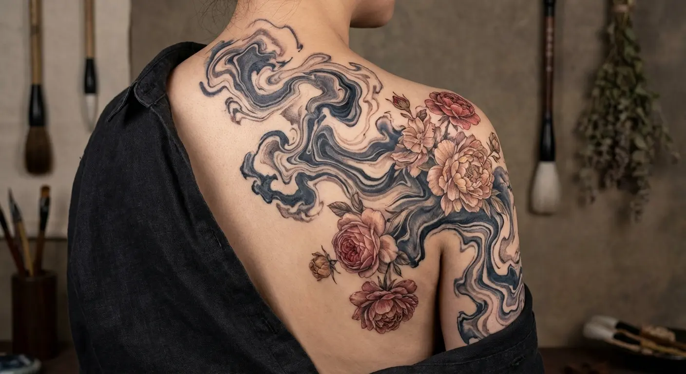 Western floral elements emerging from suminagashi background