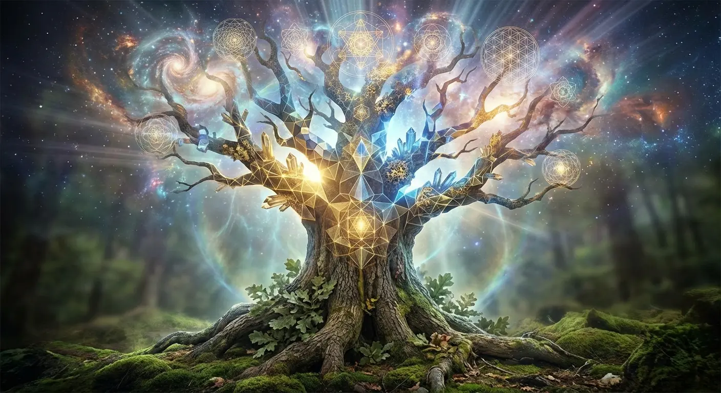 Consciousness levels Yggdrasil tattoo with geometric elements