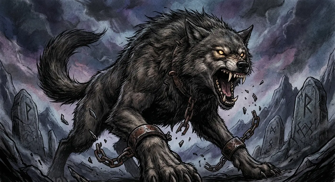 Fenrir wolf breaking chains tattoo design