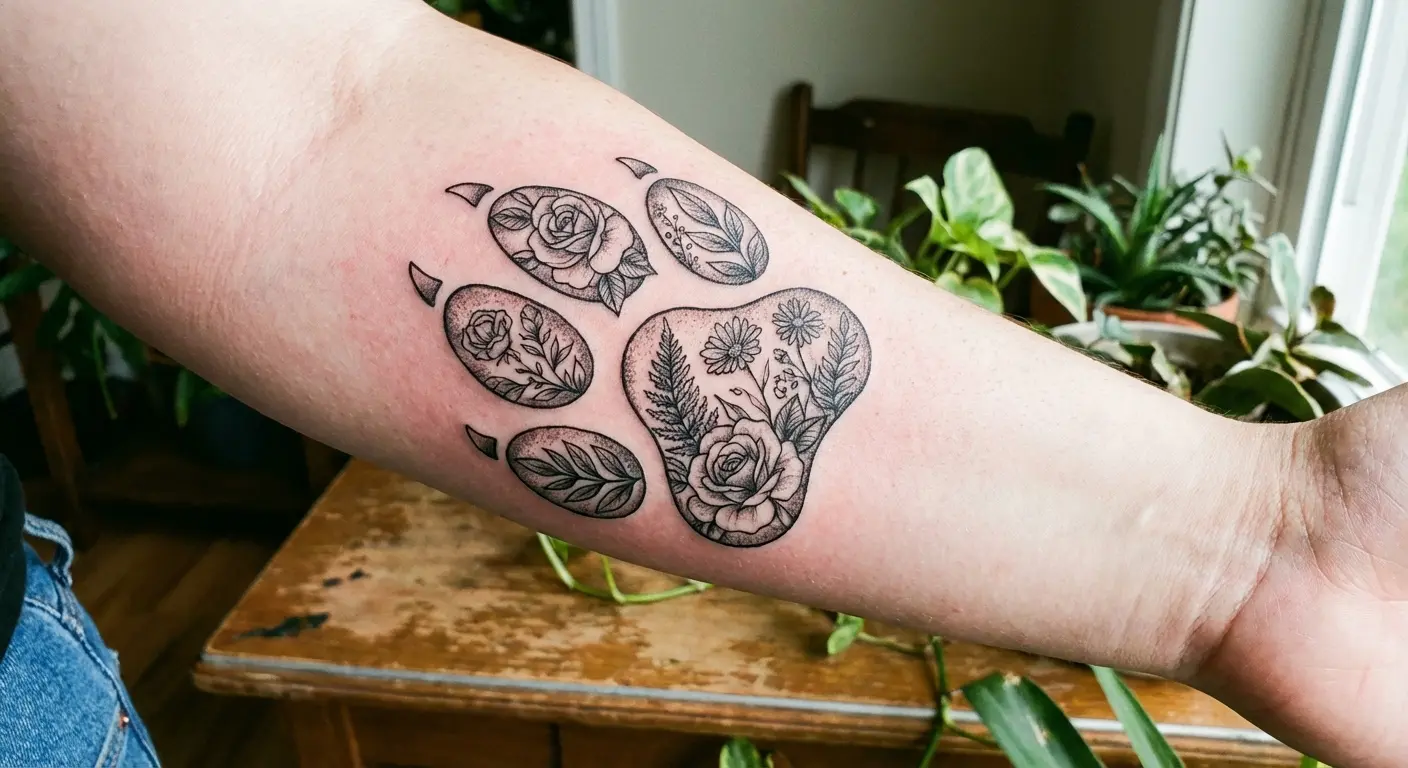 Paw print outline filled with detailed floral elements