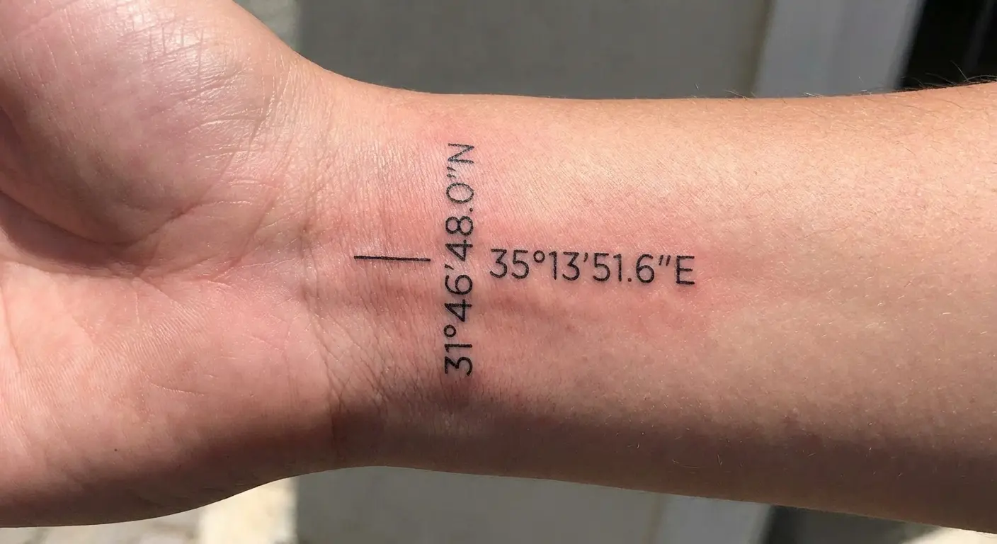 Coordinate cross tattoo with GPS numbers