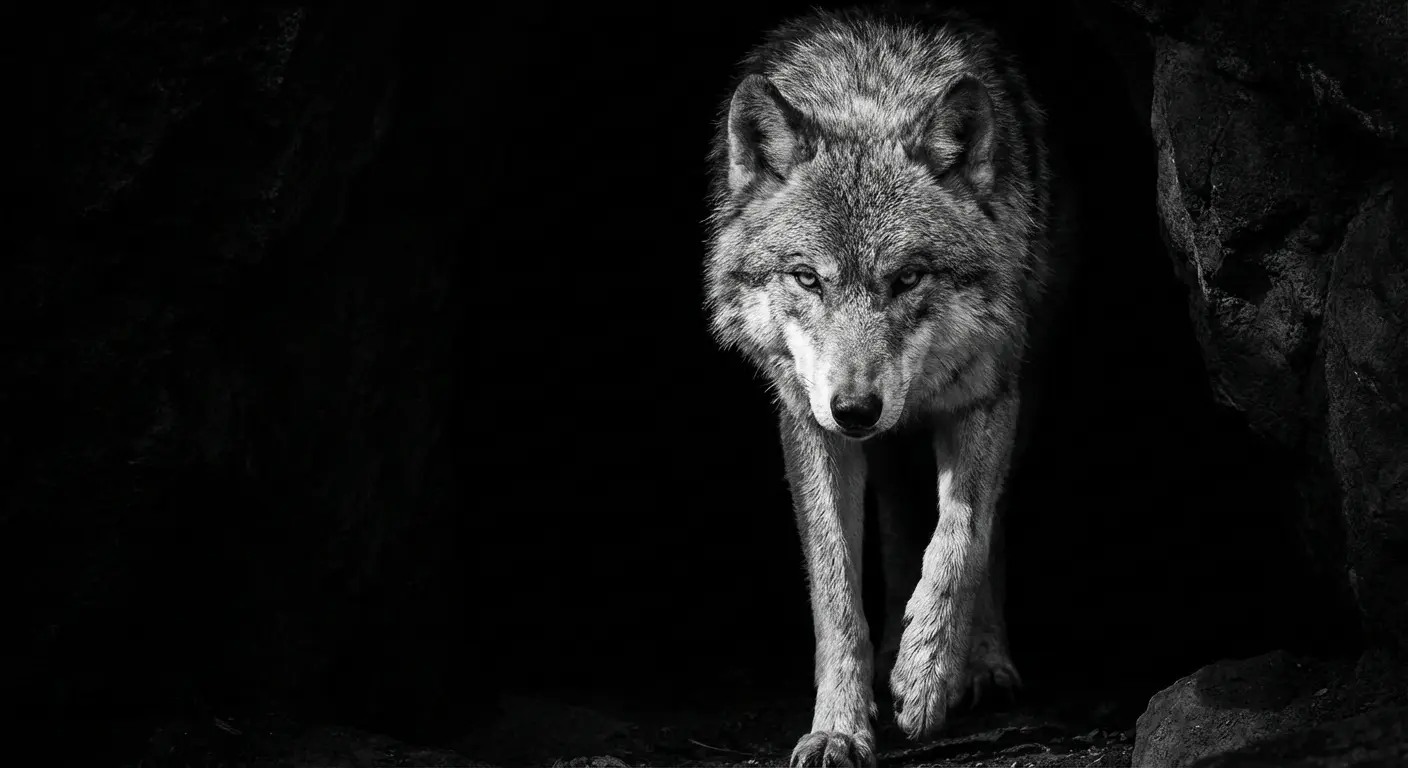 Wolf emerging from dark shadows with dramatic lighting