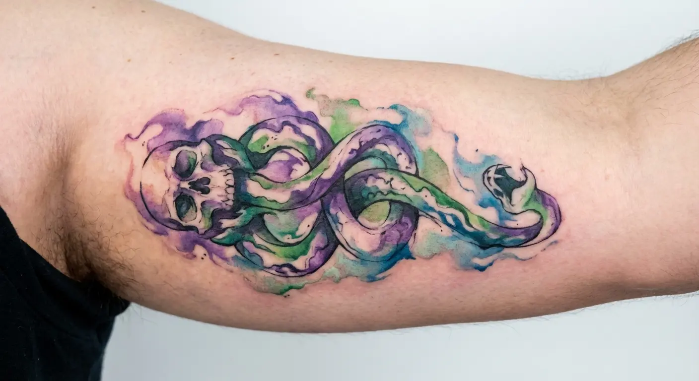 Watercolor skull fade Dark Mark tattoo