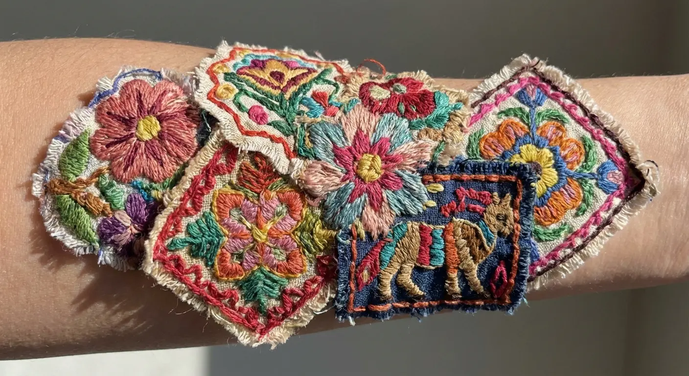 Layered multi-patch collage tattoo design