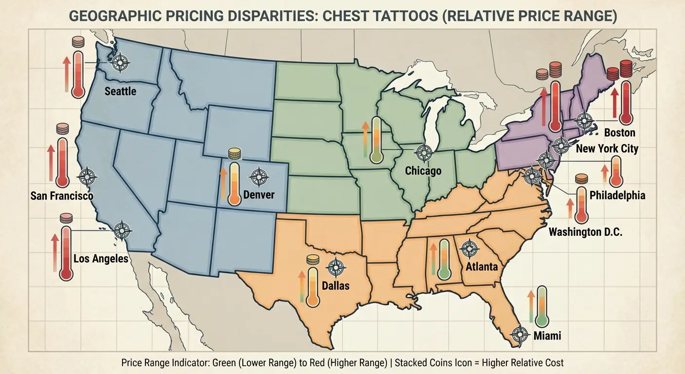 Map showing average chest tattoo costs across different US cities