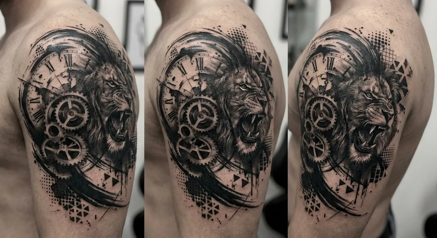 Trash polka style tattoo in monochrome