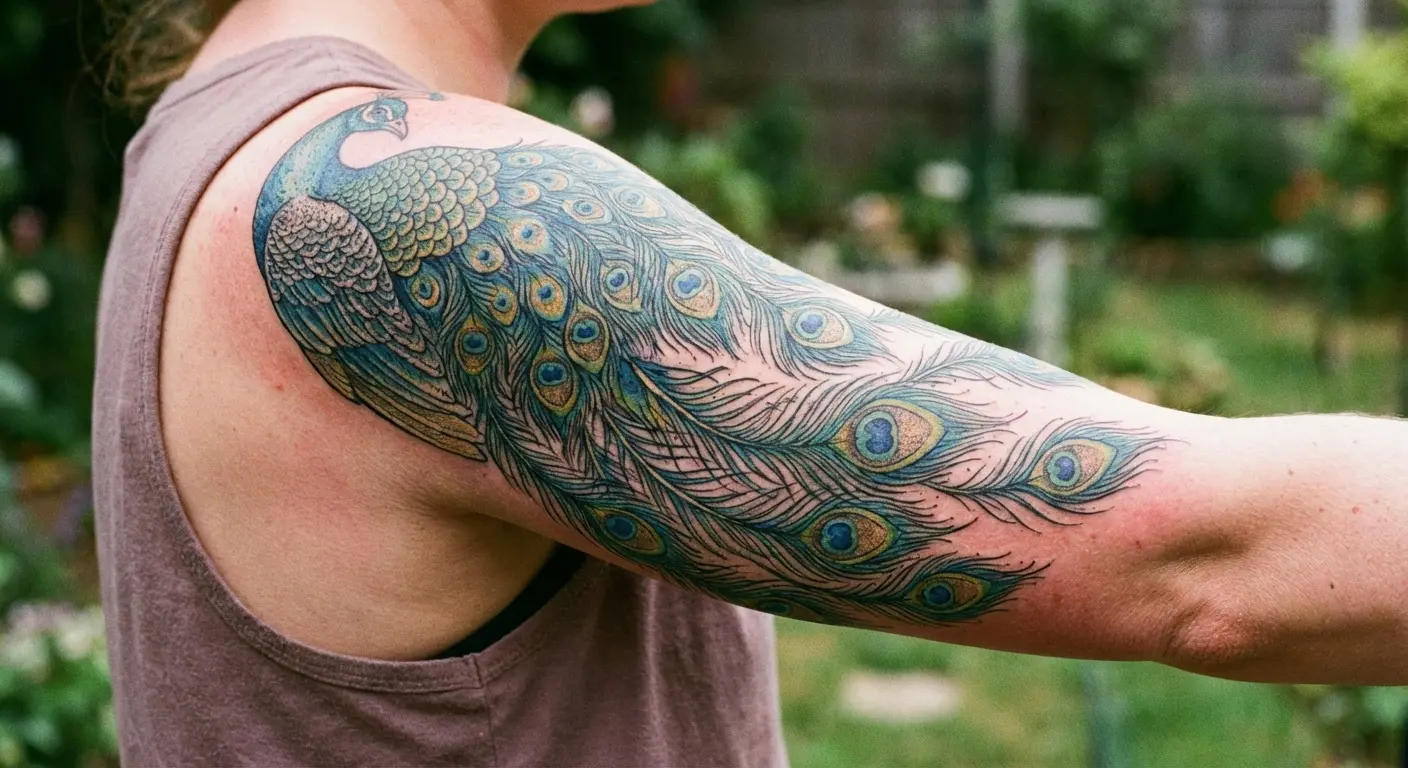Shoulder cap peacock tattoo design