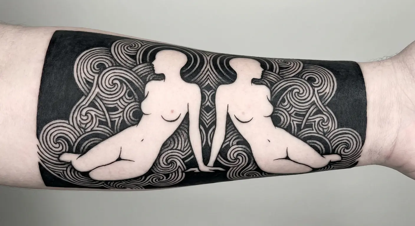 Negative space twin figures tattoo