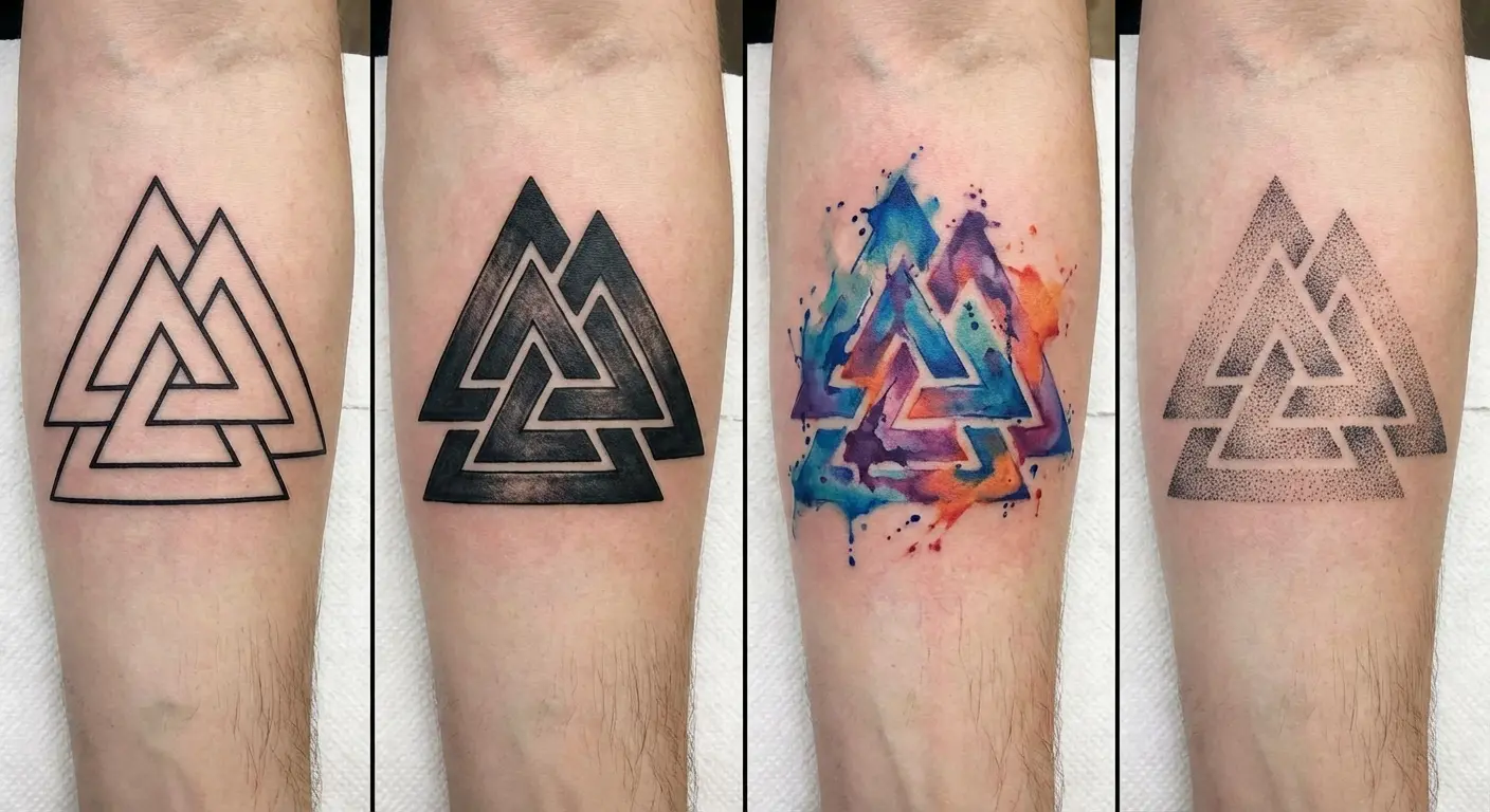 Traditional blackwork valknut tattoo
