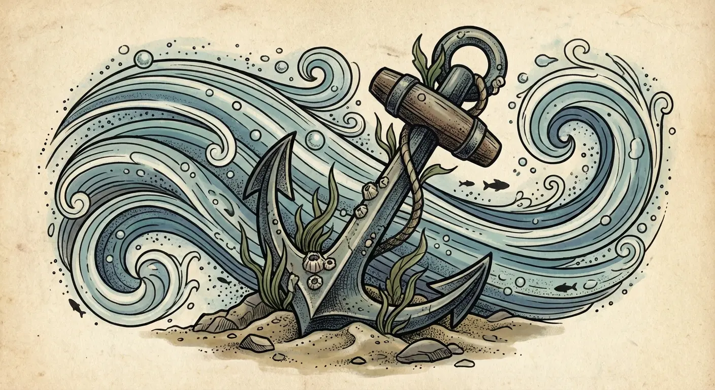 Anchor surrounded by flowing water current lines