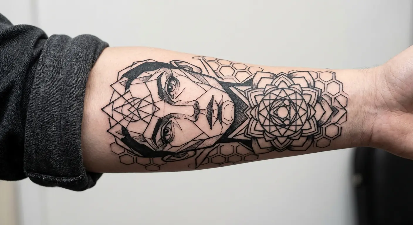 Geometric San Judas tattoo design