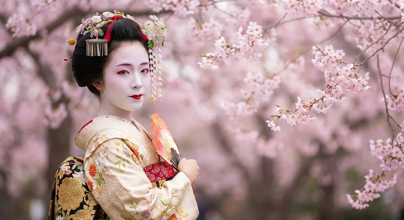 Geisha portrait with traditional backdrop