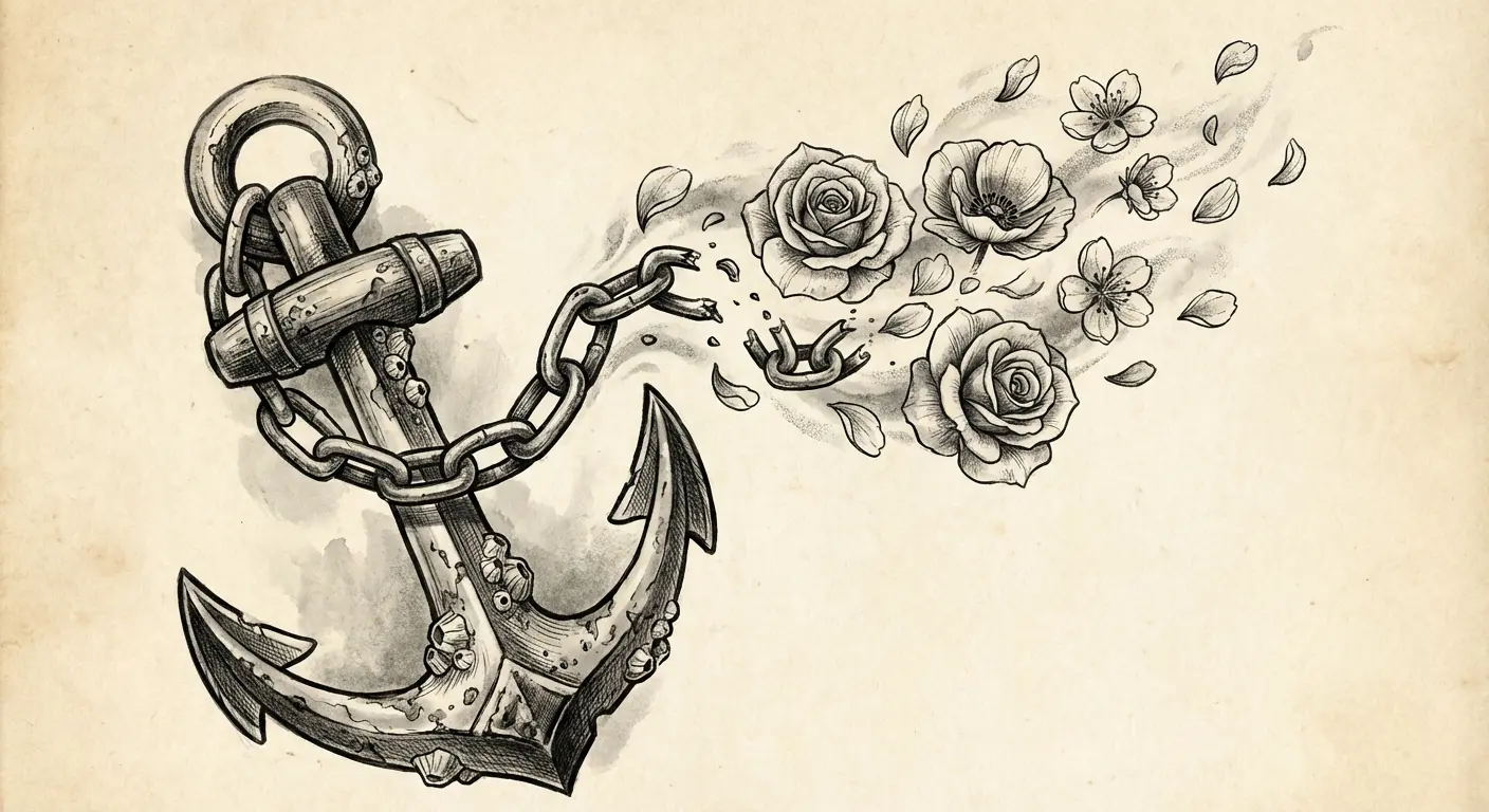 Broken chain anchor tattoo with separated links