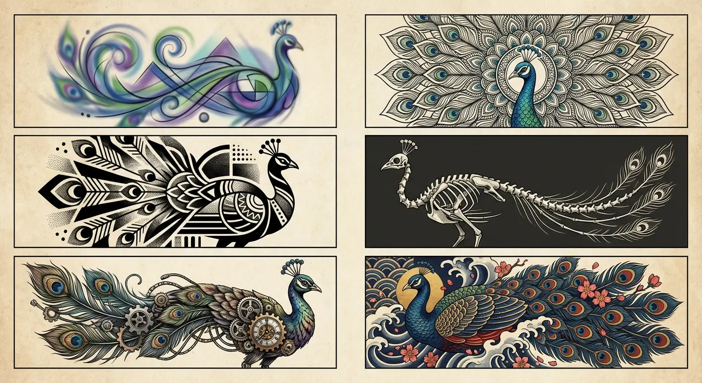 Conceptual peacock tattoo interpretation