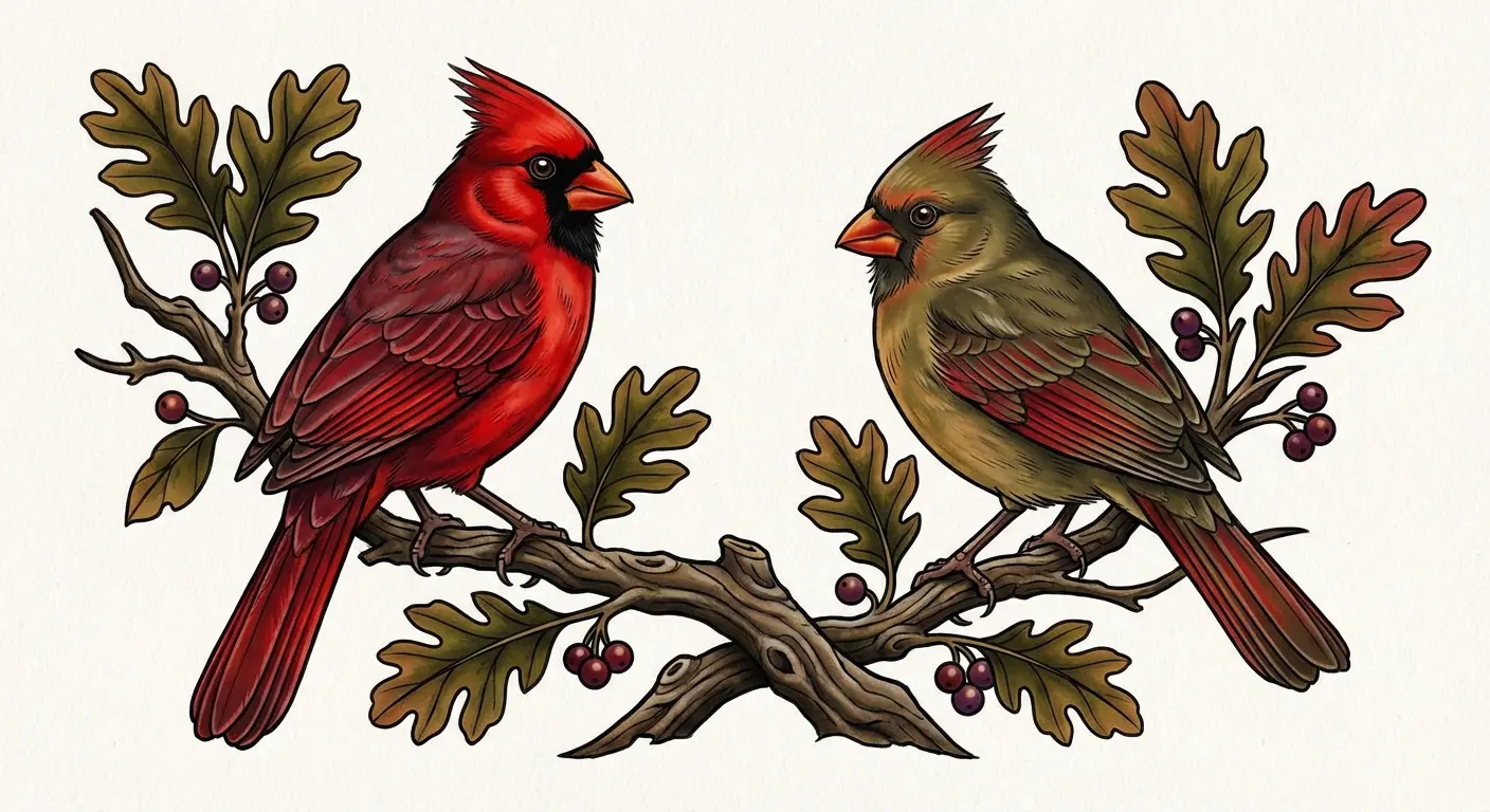 Male and female cardinal perched on branch tattoo