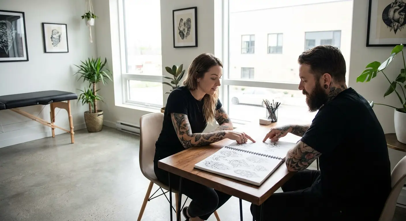 Person examining fresh tattoo design planning