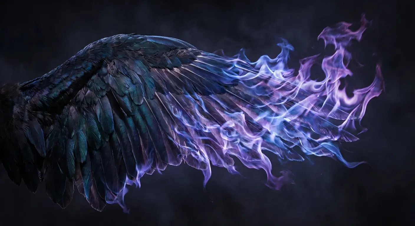 Angel feathers transforming into flames tattoo