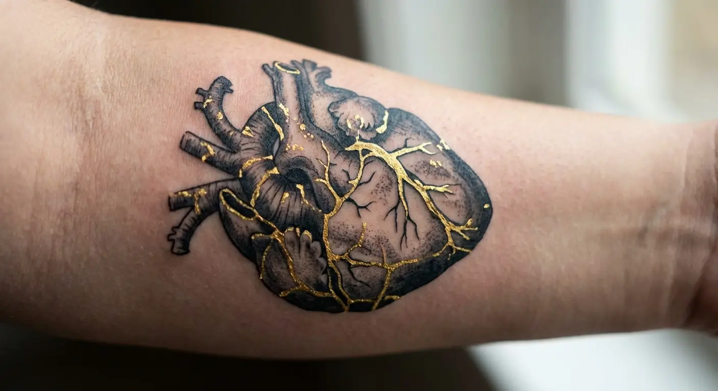 Kintsugi heart tattoo with gold filling