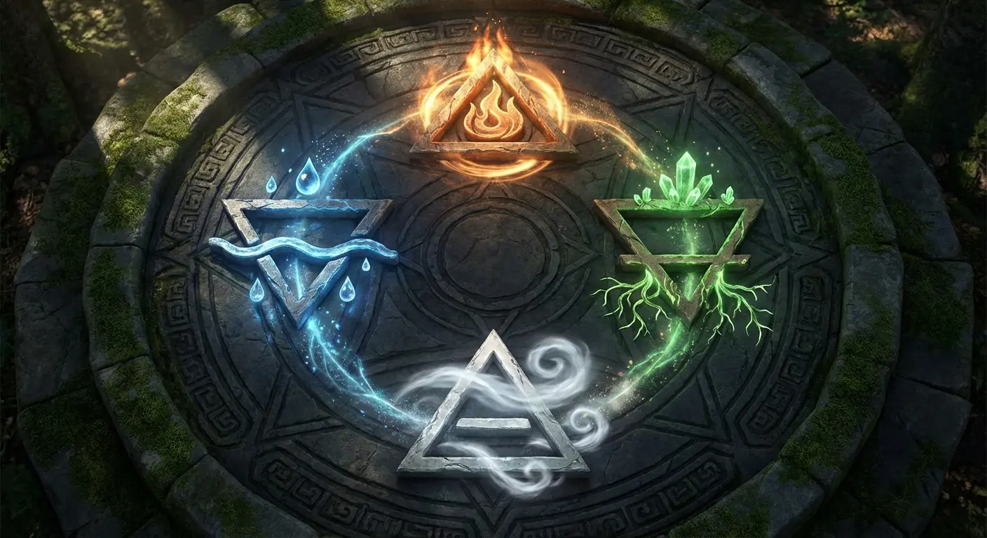 Alchemical ouroboros with elemental symbols integrated