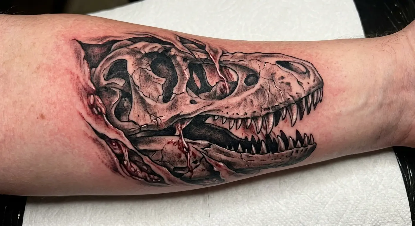 T-Rex skull fragment tattoo on forearm
