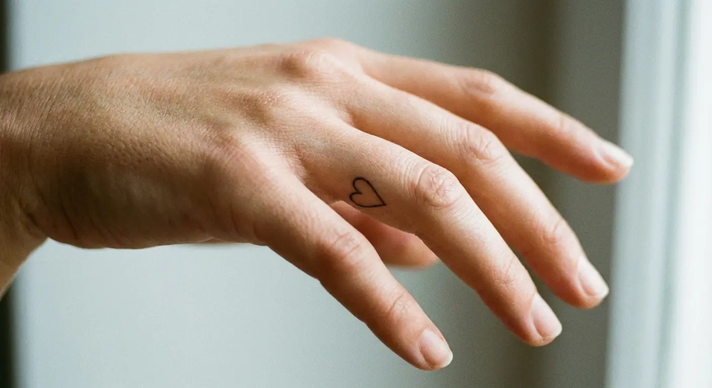 Single-line heart tattoo on finger side (note how the line thickness keeps it readable)