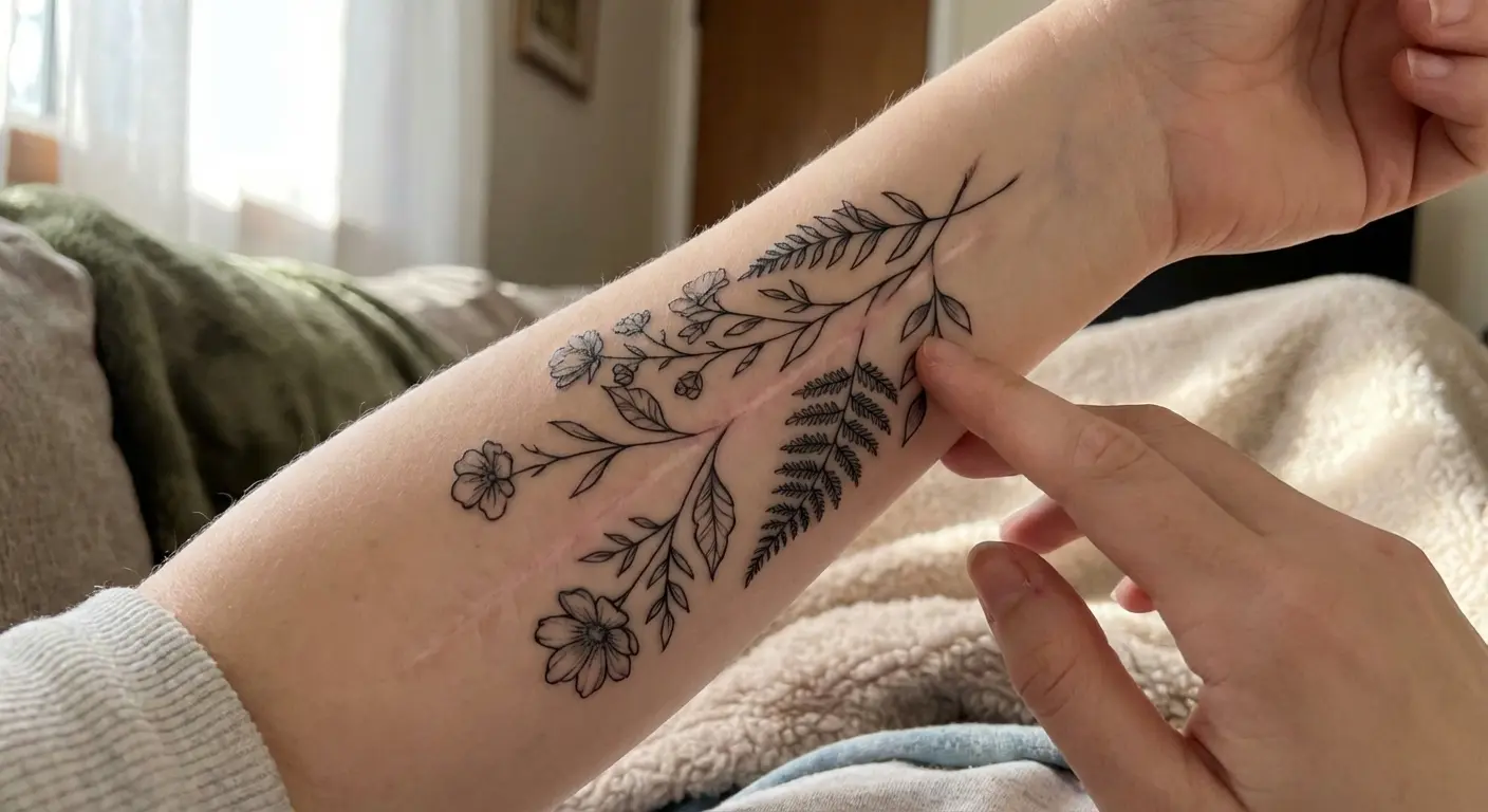 Surgical scar transformation fineline tattoo