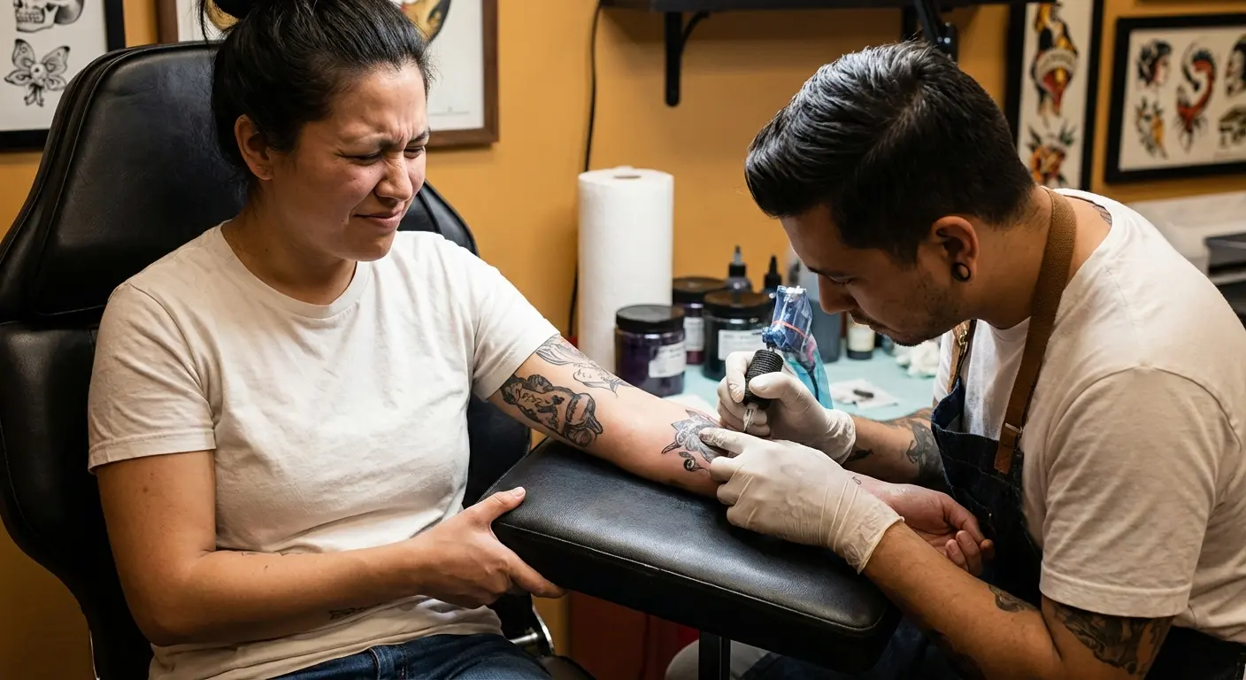 Artist doing line work on someone's chest while the client grips the chair
