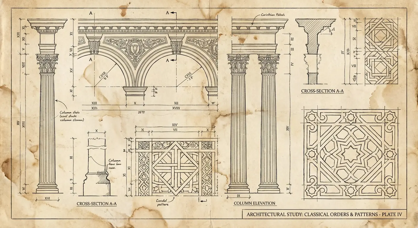 Architectural fibonacci tattoo sleeve blueprint design