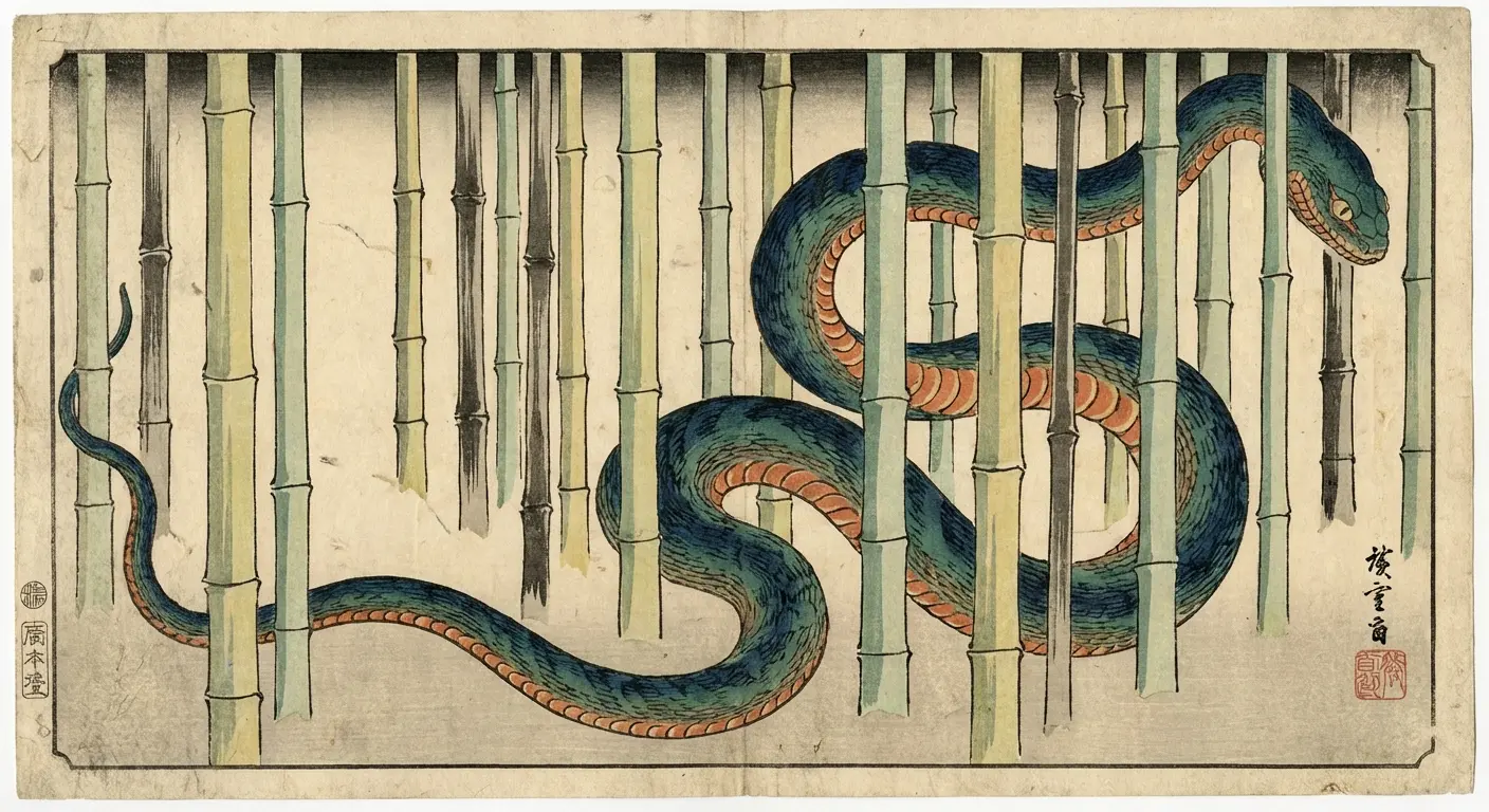 Snake tattoo navigating through bamboo forest