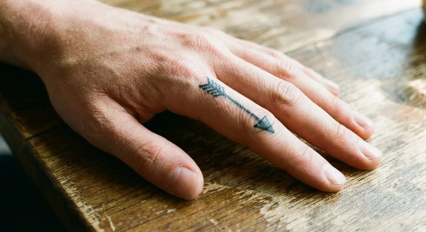 Tiny arrow tattoo on index finger (this one's bold enough to last)
