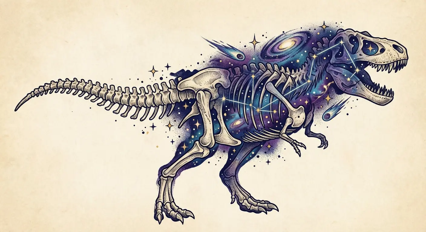 Dinosaur skeleton merged with constellation map