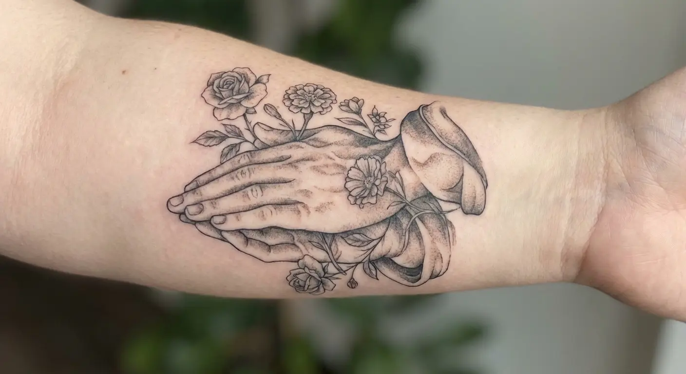 Praying hands tattoo with birth flower accents