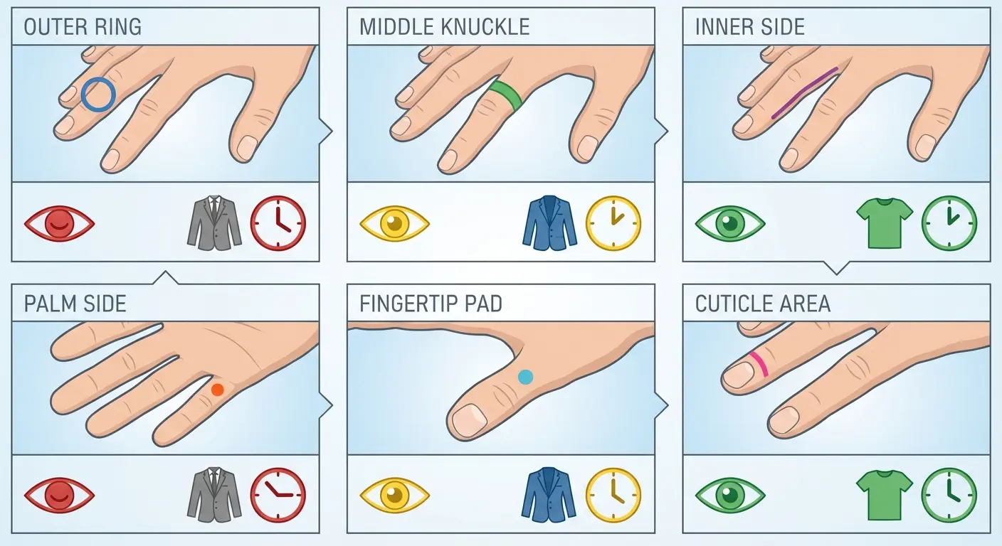 Strategic finger tattoo placement examples showing different visibility levels
