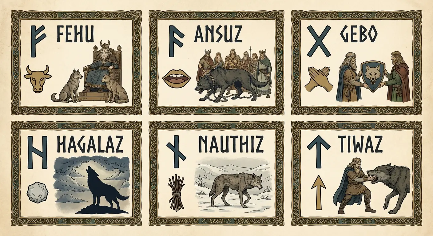 Fenrir silhouette with Nordic runes background