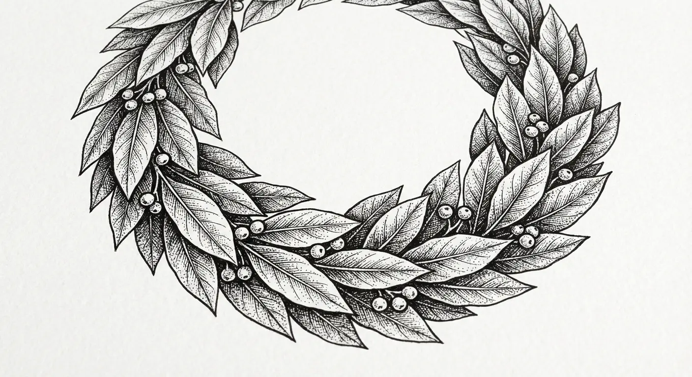 Latin phrase wrapped in traditional Roman laurel wreath on shoulder