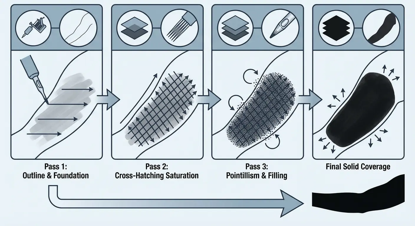 Dotwork transition into solid blackout coverage