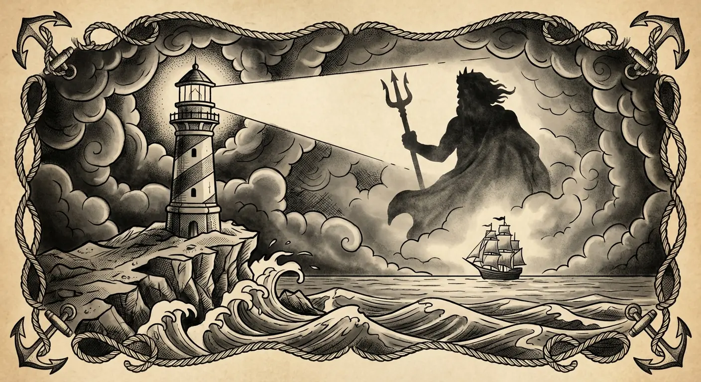 Lighthouse with Poseidon silhouette tattoo