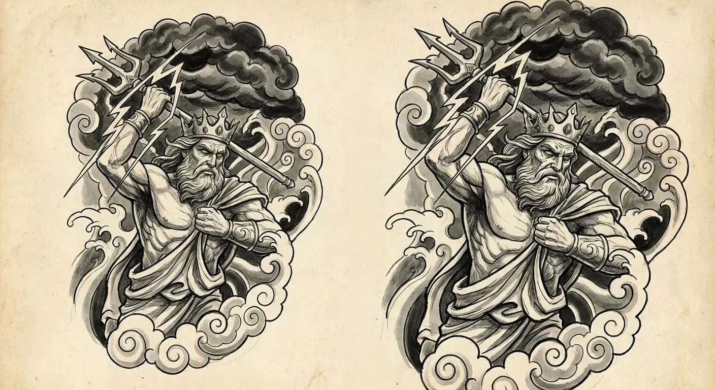 Storm-summoning Poseidon with raised trident tattoo design