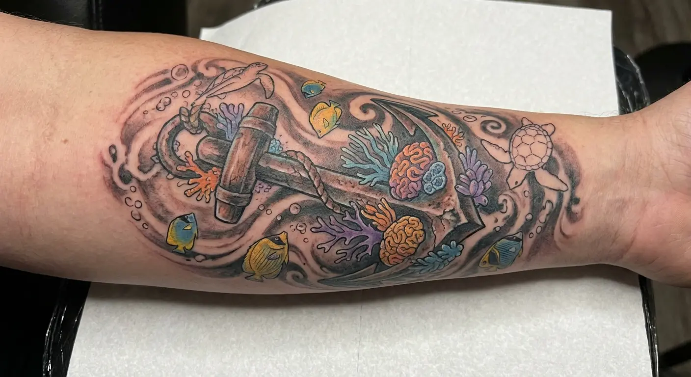 Coral encrusted anchor with marine life