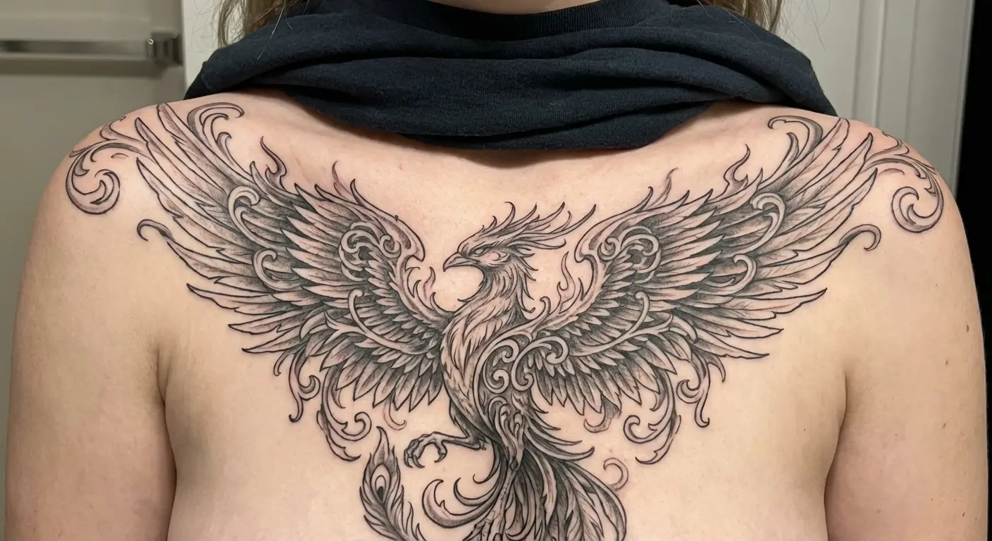 Phoenix chest tattoo on woman