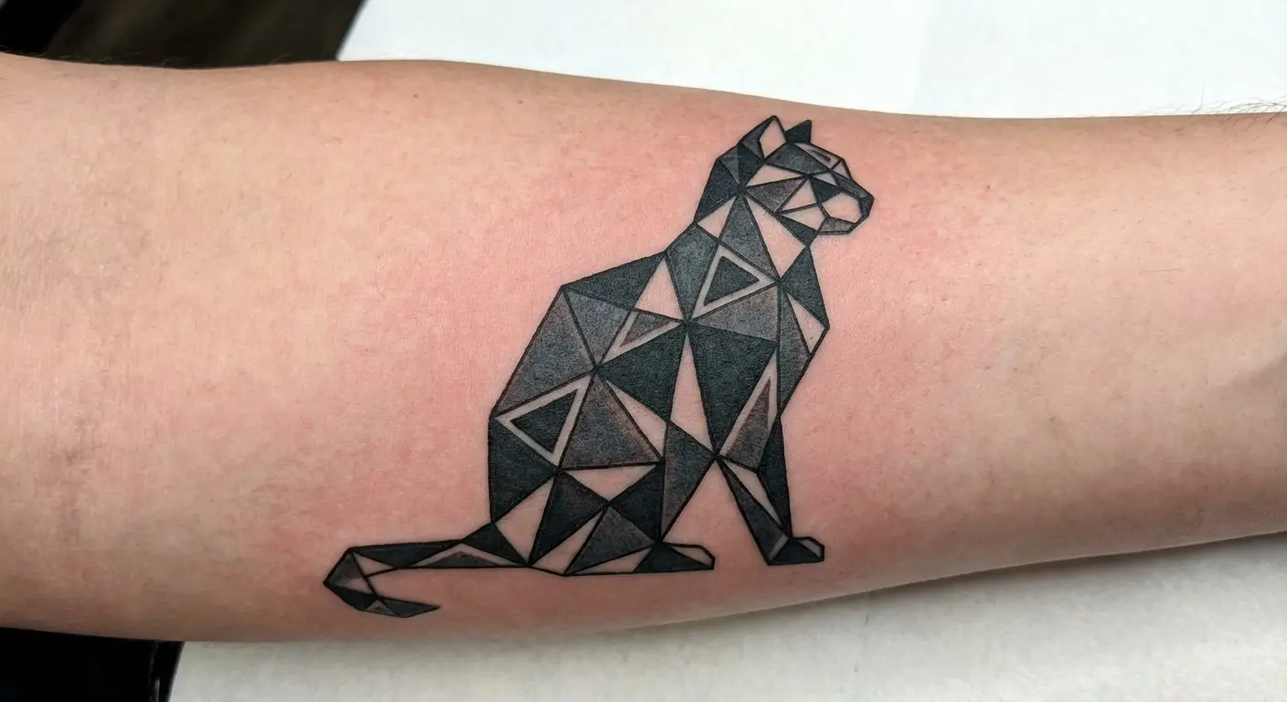 Geometric black cat on upper arm with precise angular shapes creating the feline form