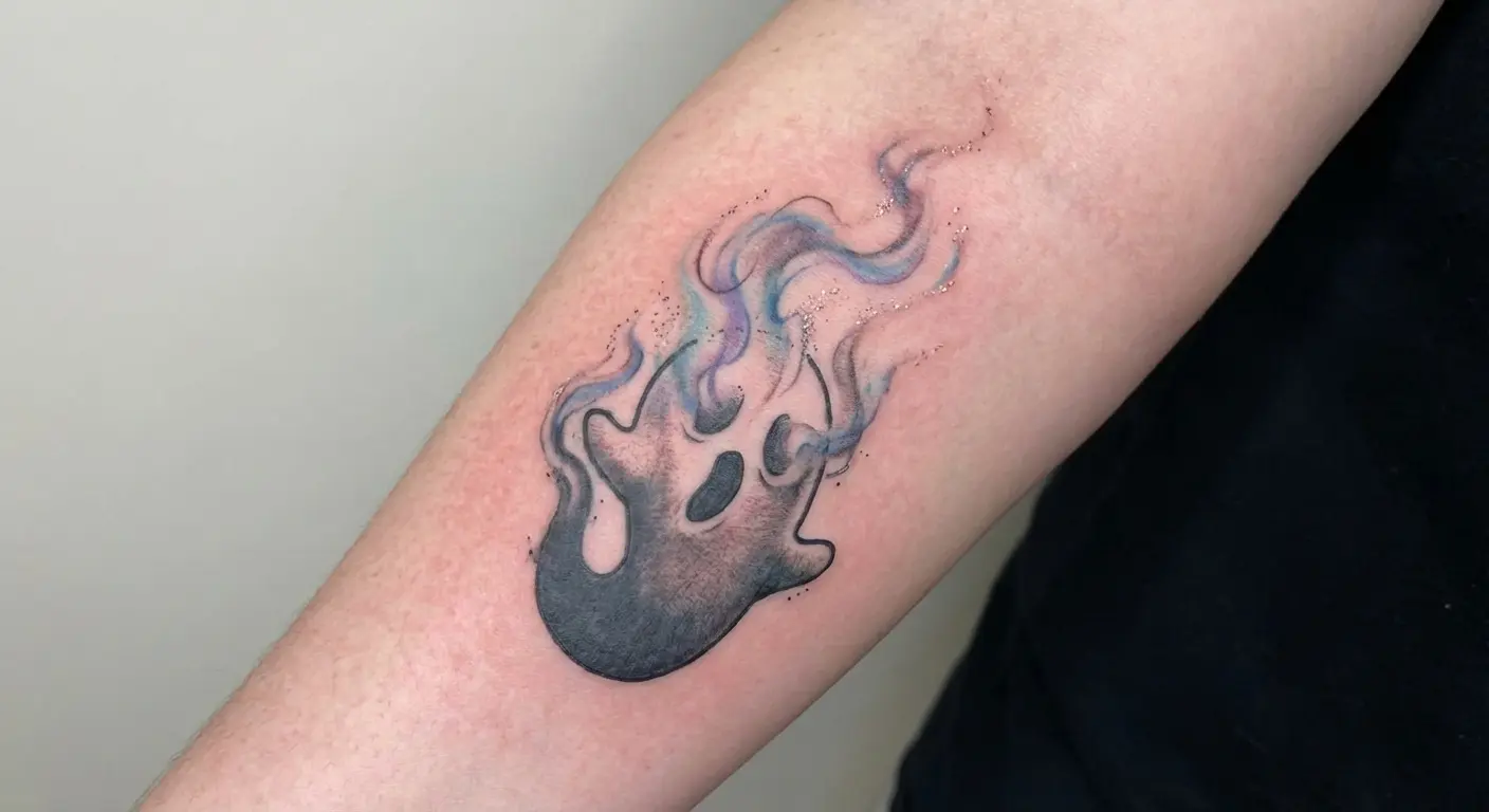Ghost mid-transformation dissolving tattoo design