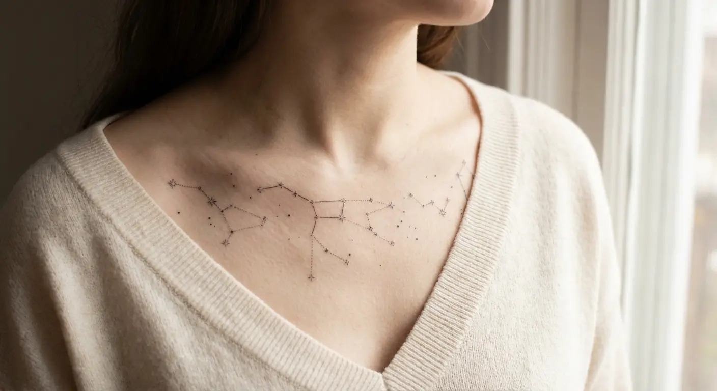 Constellation chest tattoo on woman
