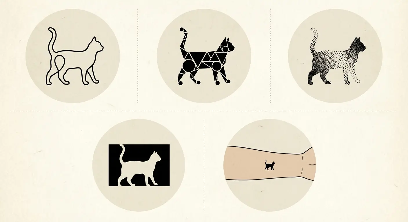 Tiny minimalist black cat with crescent moon behind the ear, showing scale and placement