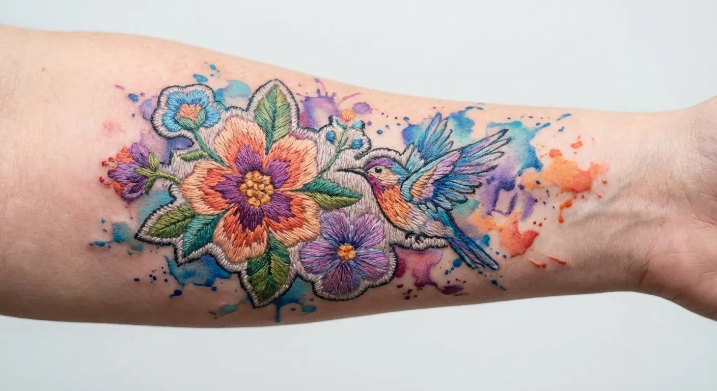 Watercolor and embroidery hybrid patch tattoo
