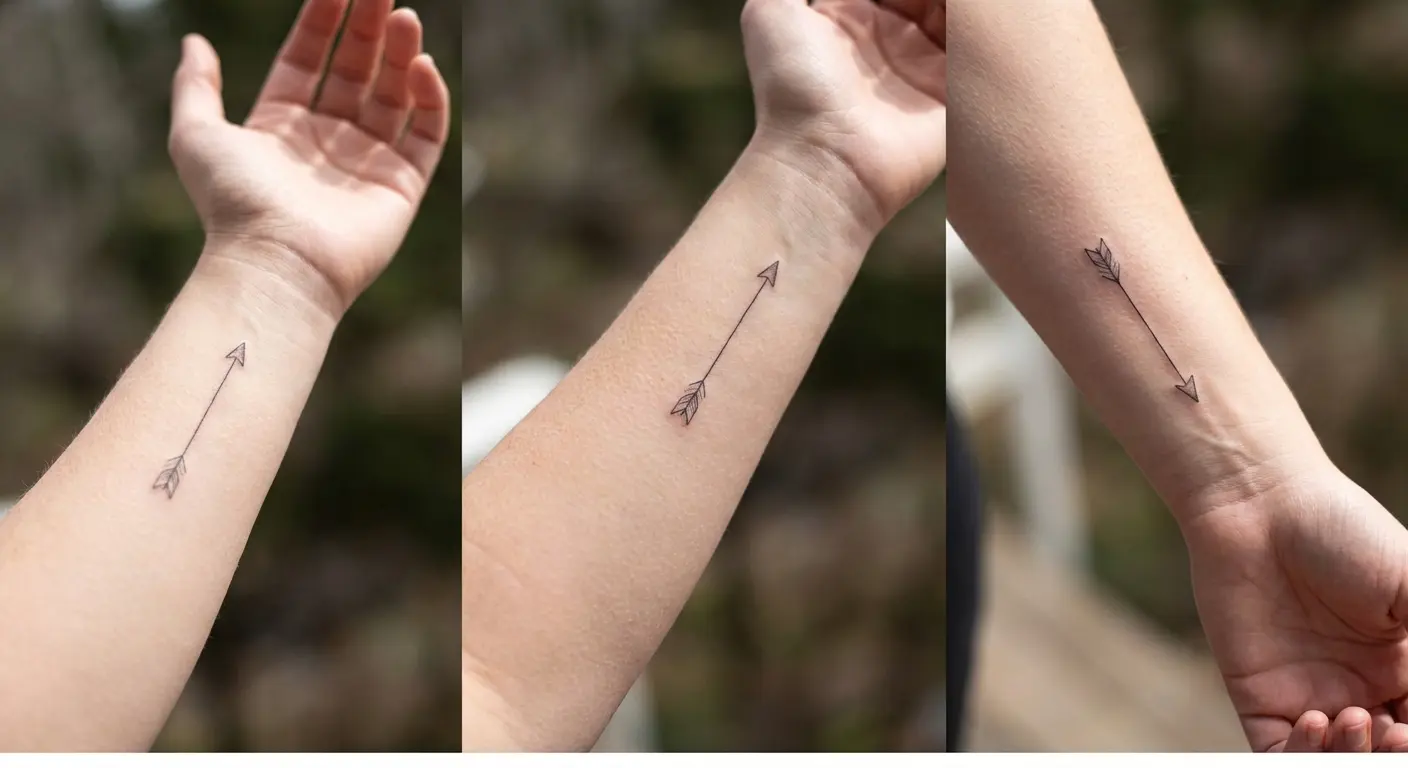 Forearm directional arrow fineline tattoo